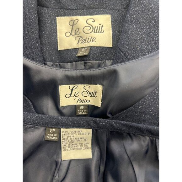 Le Suit Women Navy Sliver Shimmer Crepe 3 PCS Tank Skirt Jacket Suit Size 8P - Picture 14 of 15